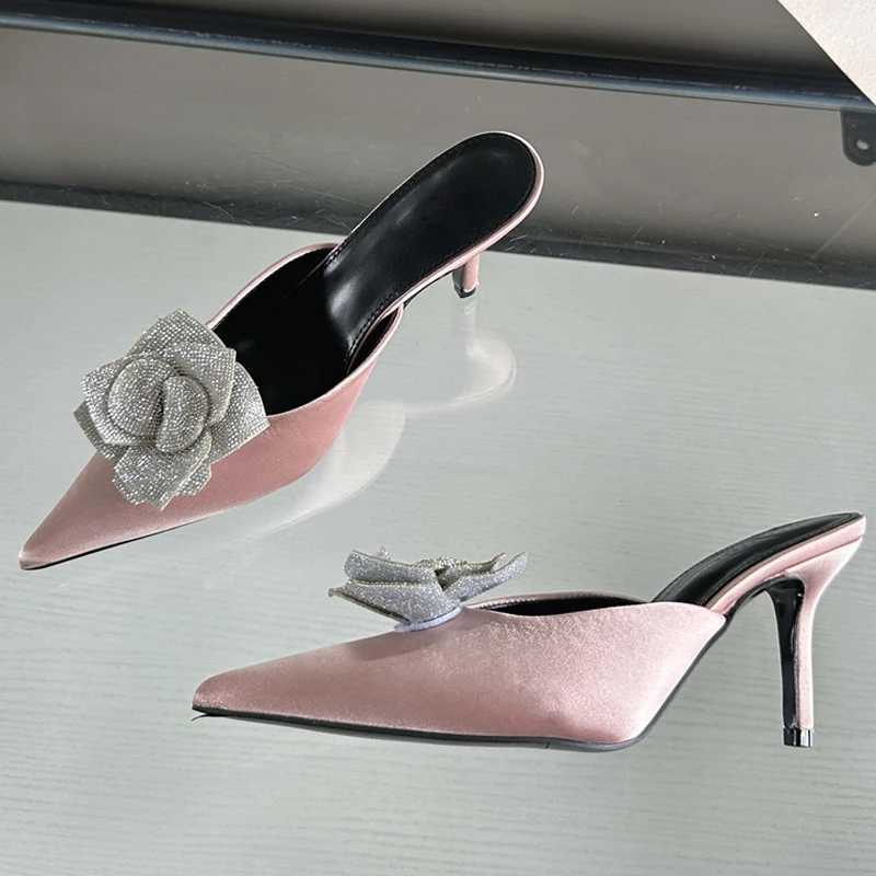 Eilyken Designer CRYSTAL Flower Silk Pointed To Wen Slippers Fi Thin H Party Dress Womens Me Shoes Y250317