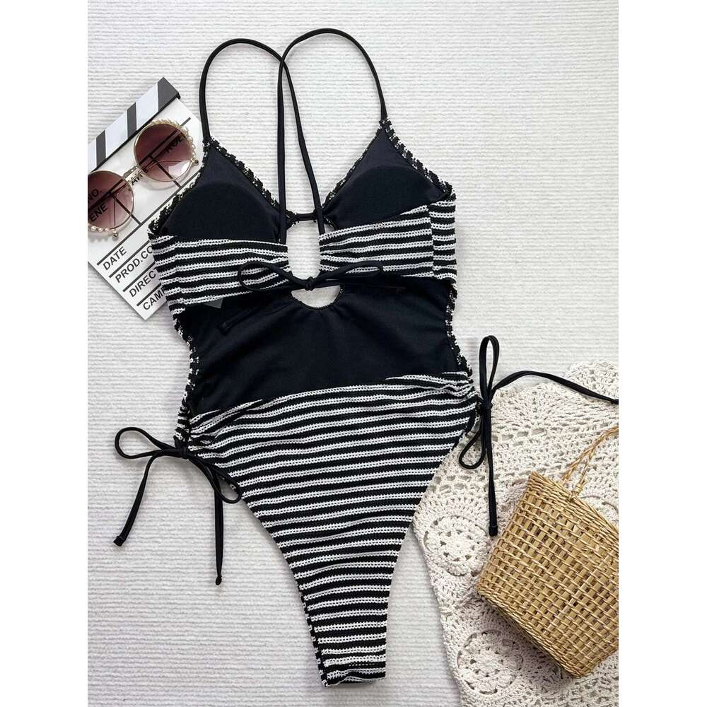 Sexy Black Stripe One Piece Swimwear Women Liquor Hollow Lace Side Back Nude Lace Swimwear Belly Control Swimwears