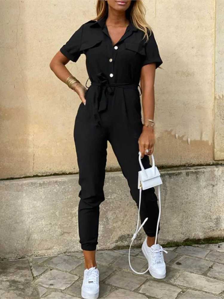 Casual Short Slve Jumpsuit Office Lady Spring Summer Fashion Elegant Solid Lace Up Jumpsuits For Women 2023 One Piece Rompers X250318