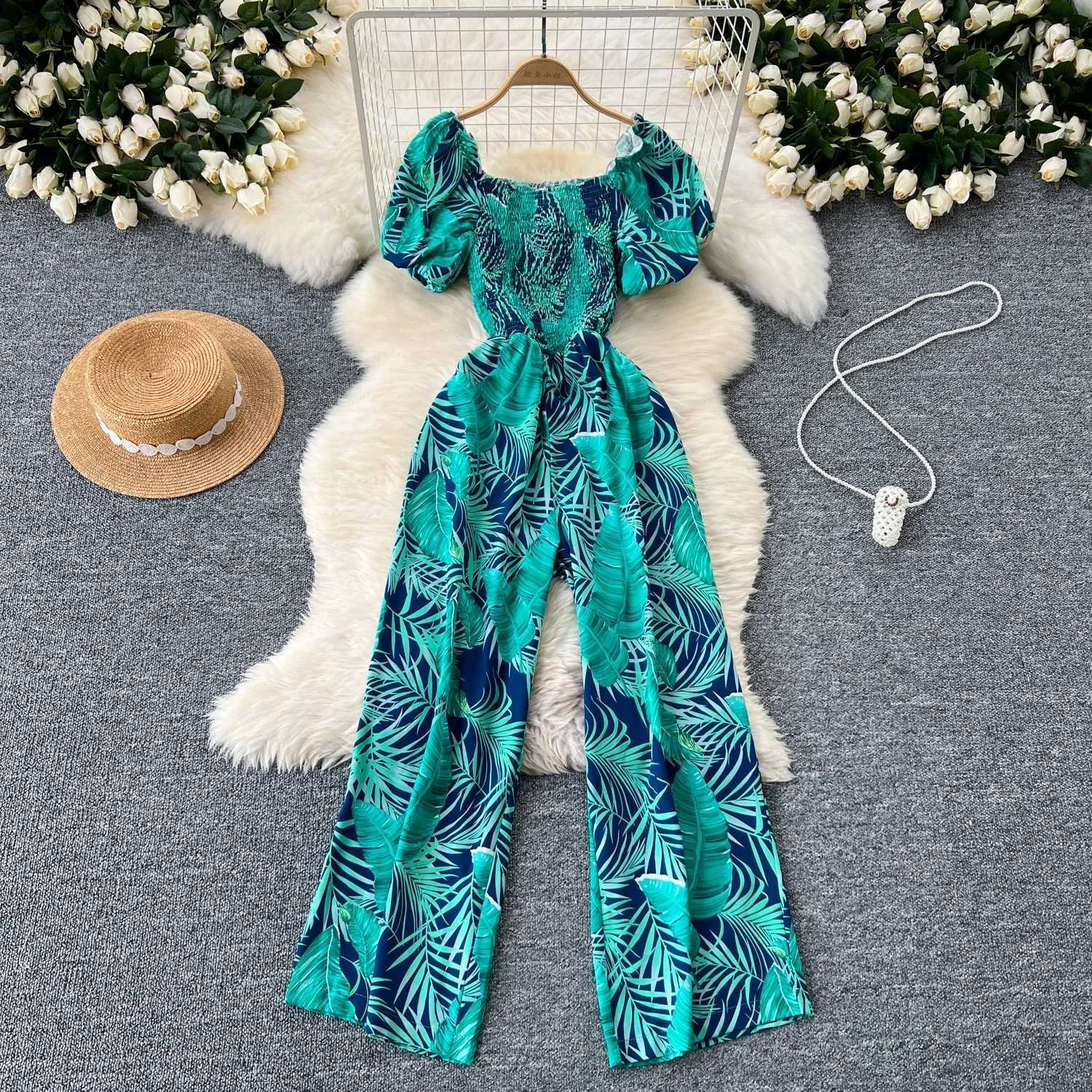 Square neckline loose pleated jumpsuit with pleated edges backless wide leg pants for women elegant and fashionable printed Playsuits X250318