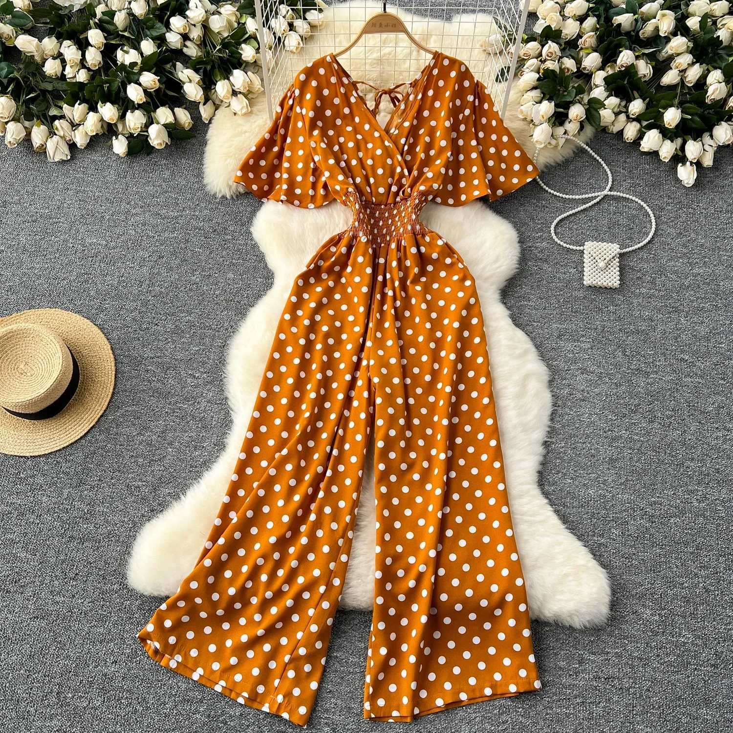 New summer polka dot jumpsuit elegant womens V-neck short Slve high waisted jumpsuit loose wide leg sportswear fashionable X250318