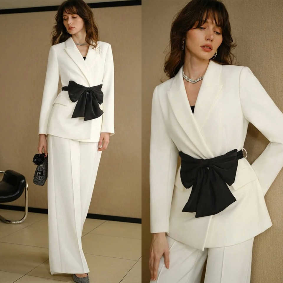 Customized Elegant Women Pants Suits With Black Sashes Ladies Prom Birthday Party Formal Wear Outfit Jacket 2 Pieces
