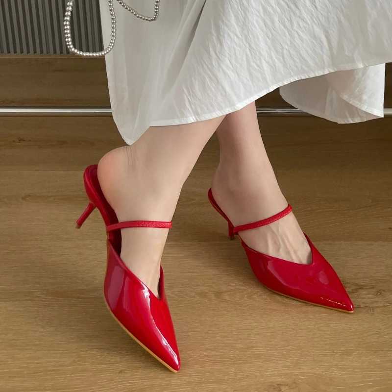 Red sexy Pointed Toe H sandals Fem patent leather elegant slider womens size 43 light Fi brand high H Wen Y250317
