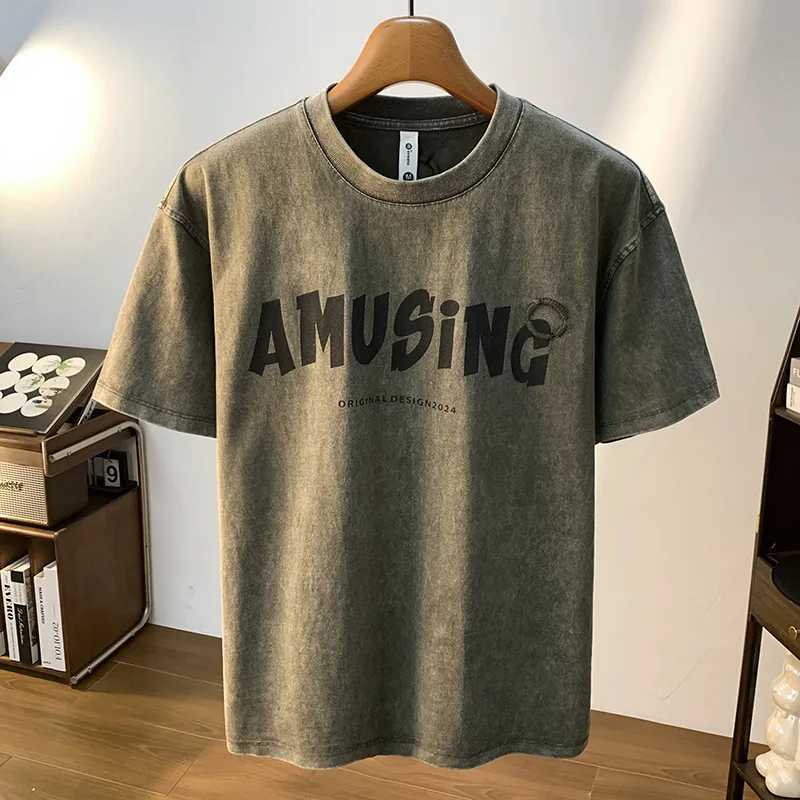 Summer 2025 loose short sleeved T-shirt mens fashion printed elastic round neck American trend brand casual topT250318