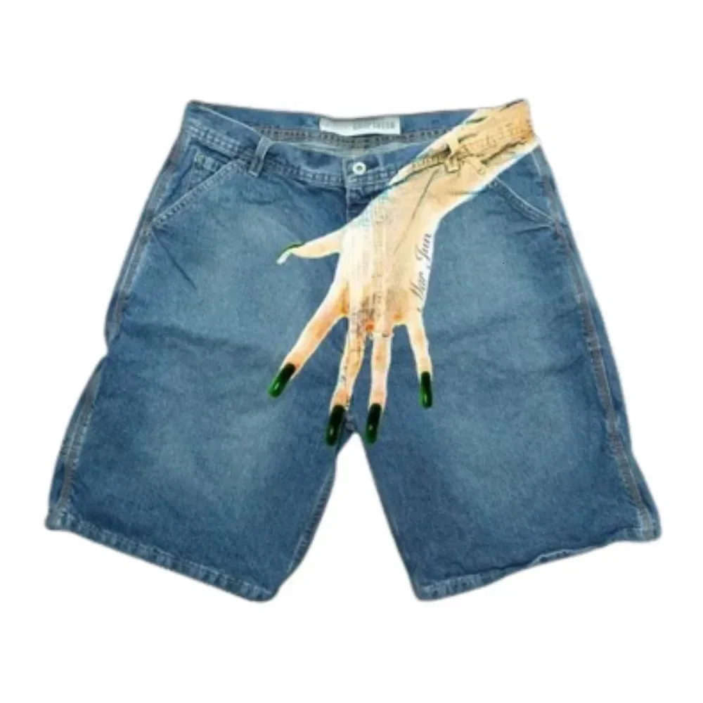 Shorts Women Y2k Hands Print Vintage Baggy Jeans Shorts Woman Streetwear Jorts Korean Shorts Cargo Harajuku Korean Denim Blue 250318
