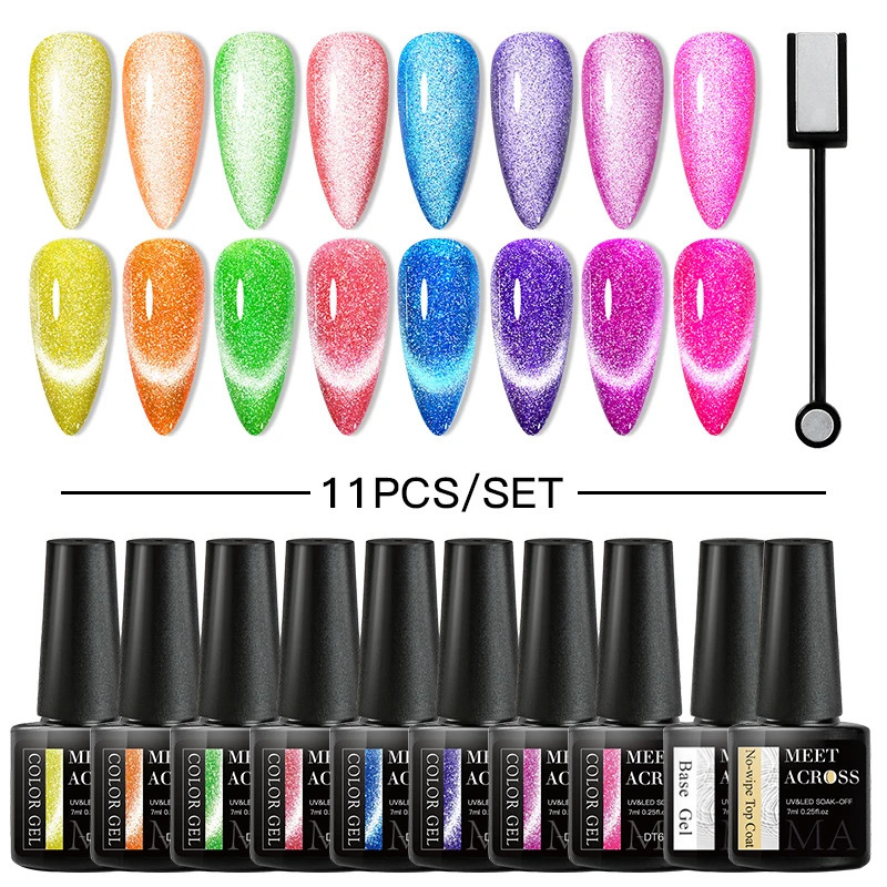 MEET ACROSS 7ml 9D Magnetic Gel Nail Polish Set Glitter Double Rainbow Magnetic Nail Art Gel Polish Kit for Manicure DIY Vernis 250314