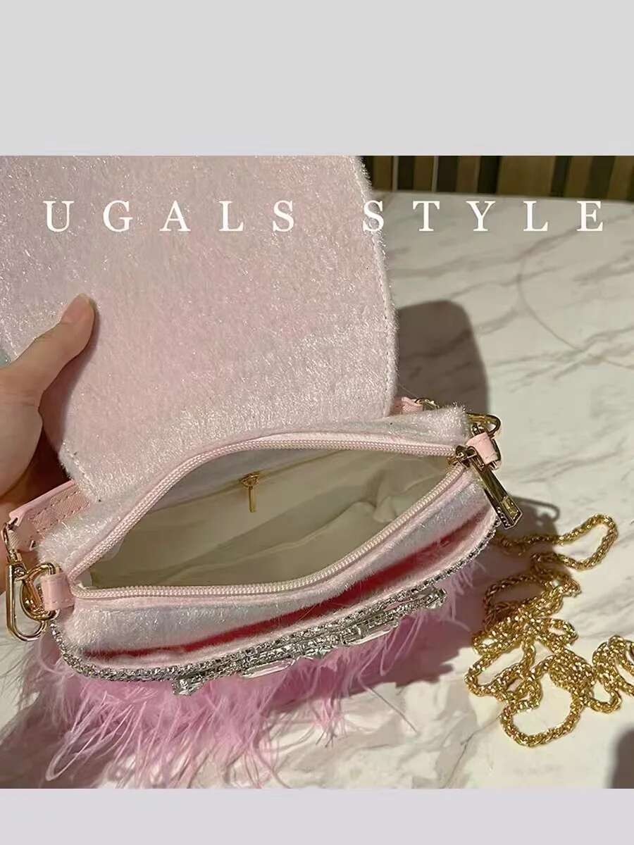 Ostrich Hair Veet Crystal Rhie Dia Evening Women Handbag Wedding Party Clutch Purse Crossbody Bag