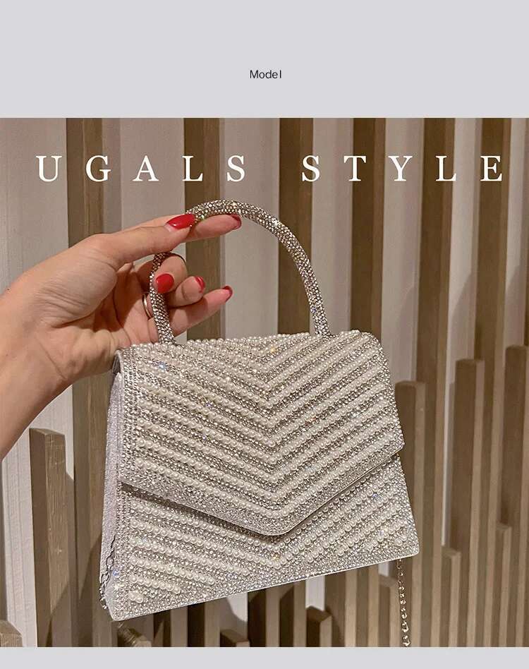 Fashion Pearl Beaded Women's Handbag Glitter Rhies Dia Evening Wedding Party Clutch Purse Shoulder Messenger Bag