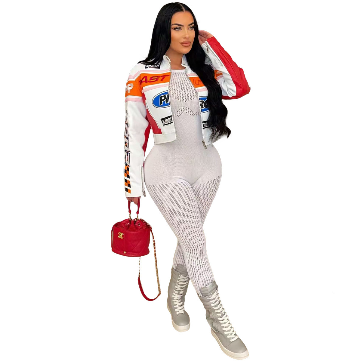 Orange Fall Jacket Winter Streetwear Casual Zip Up Blue Jacket For Women Patchwork Crop TopS fashion Print Trend Coats 250207