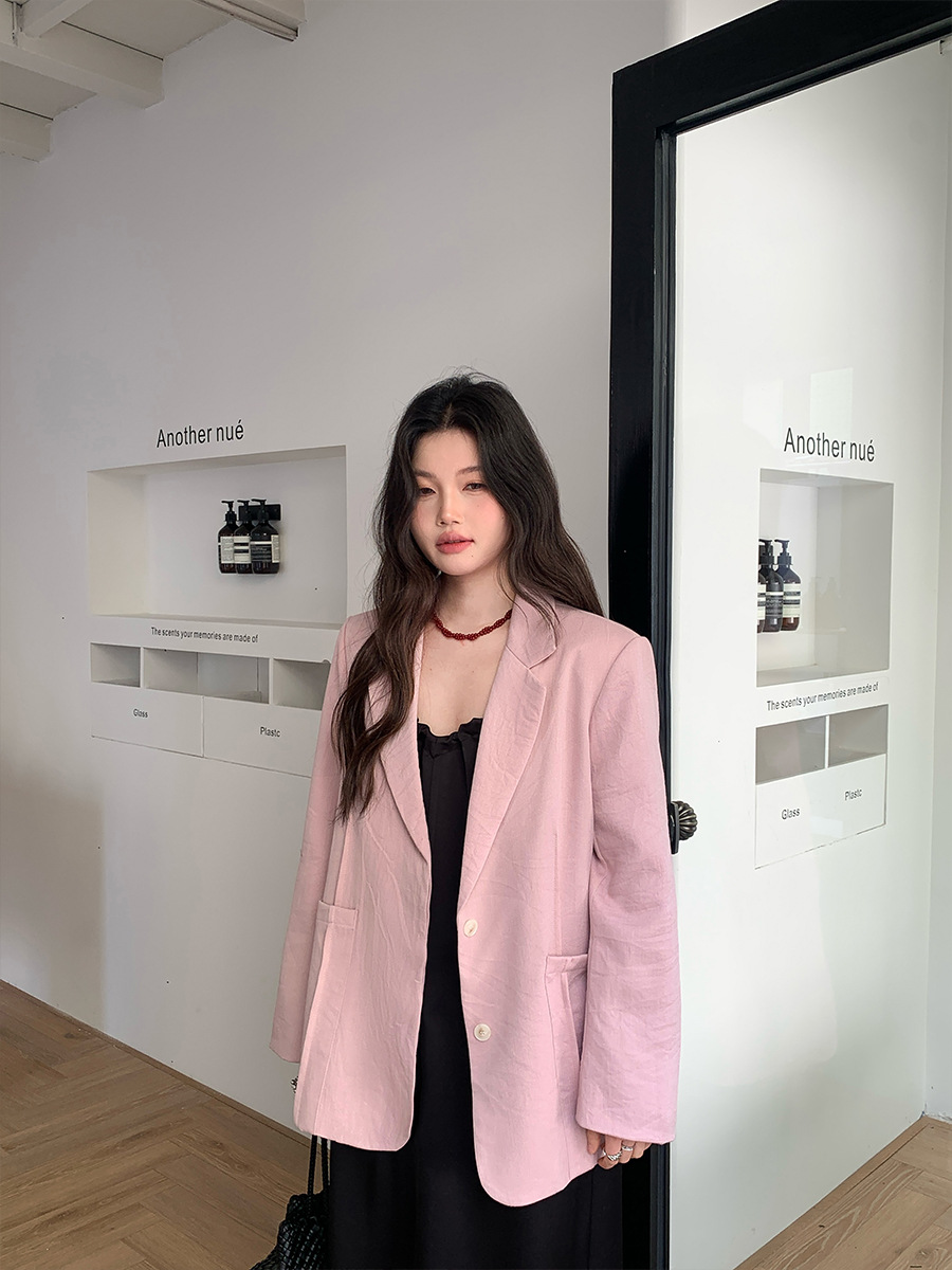 H318Chic Women's Loose-Fitting Korean Style Shoulder Pad Blazer - Spring 2025 Collection in Hemp Feel Fabric