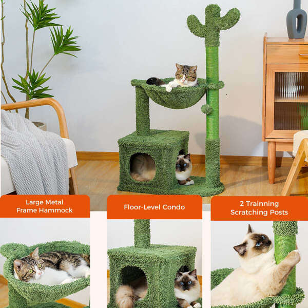 Cactus tree 40 inch tower, large metal carpet hammock, indoor cat scratching post, with apartment and hanging ball, green