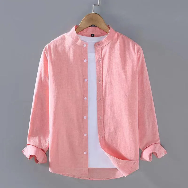 Spring/Summer Mens Linen Shirt Pure White Stand Collar Long Sleeve Henley Soft Comfortable Simple and Fashionable 250317