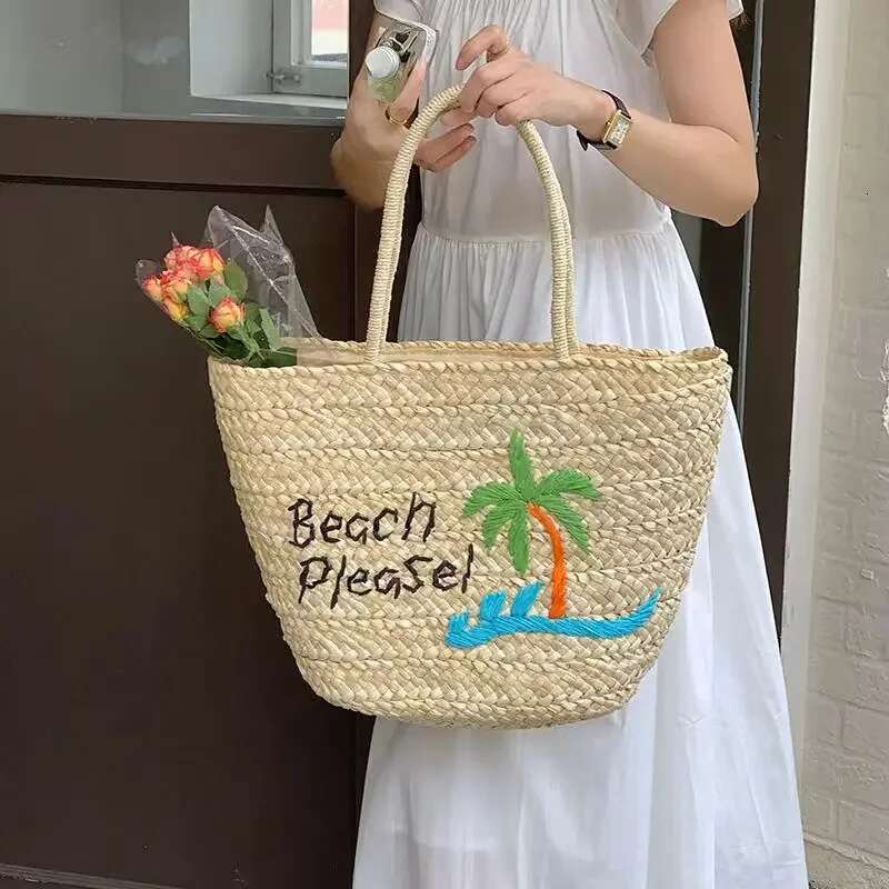 Summer Bohemia Beach Design Large Capacity Handmade Corn Husk Weaving Women's Tote Coconut Tree Embroidered Straw Bag