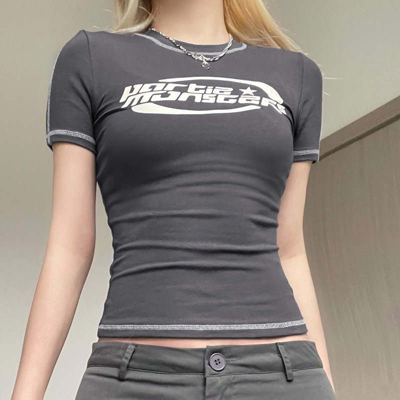 Ins Spring/Summer Women's Clothing 2024 Spicy Girl Street Internet Celebrity Gray Functional Style Printed Short Sleeved T-Shirt For Women