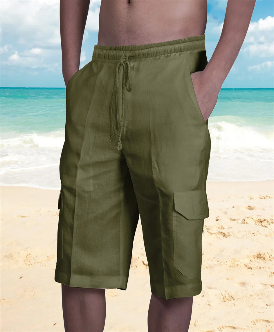 Mens shorts linen solid tool style elastic drawstring side pockets comfortable lightweight and fashionable quarter pants 250317