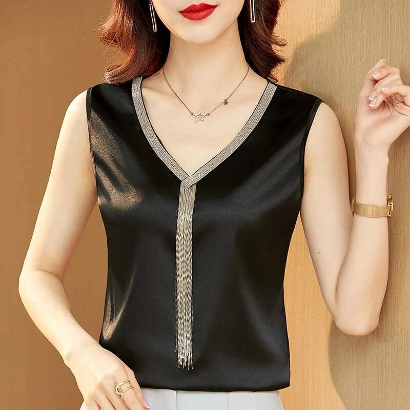 Fashion Crop Women V-Neck Tassel Women's T-Shirt Solid Vest Ladies Tops Summer Tank Top Chiffon Blouse White Woman Clothes