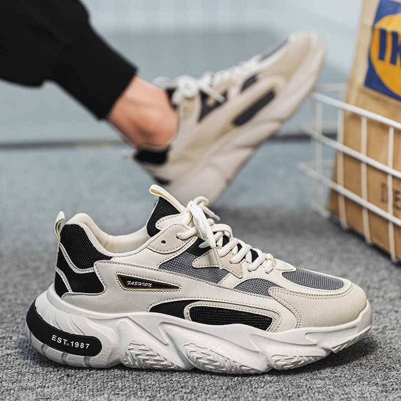 Thick sole Mens casual sports shoes 2023 new trend mesh lace breathable casual sports shoes adding soft soles Y250318