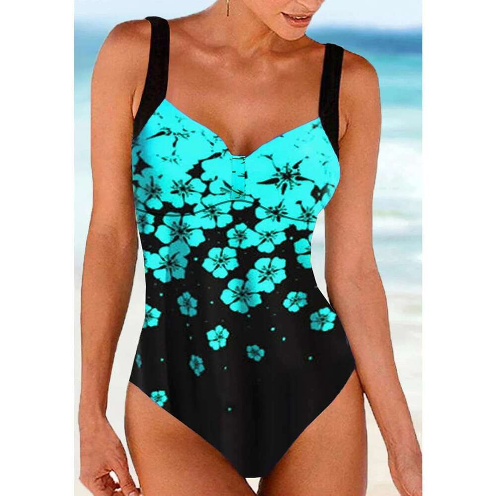 New high-quality summer women's shoulder strap swimsuit drifting plum blossom print seaside vacation one-piece swimsuit S-5XL