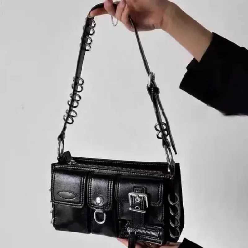 Meet You Y2K Retro Gothic Black Shoe Bag Suitable for Wenpunk Cool Girls Mti Pocket Pu Leather Underwear Bag Trend Handbag Y250318