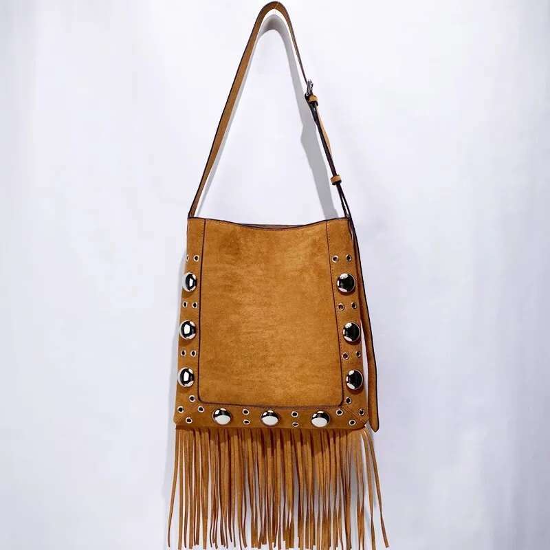 Fashion Long Tassel Veet Women Handbag Large Capacity Metal Rivet Casual Female Shoulder Underarm Retro Messenger Bag