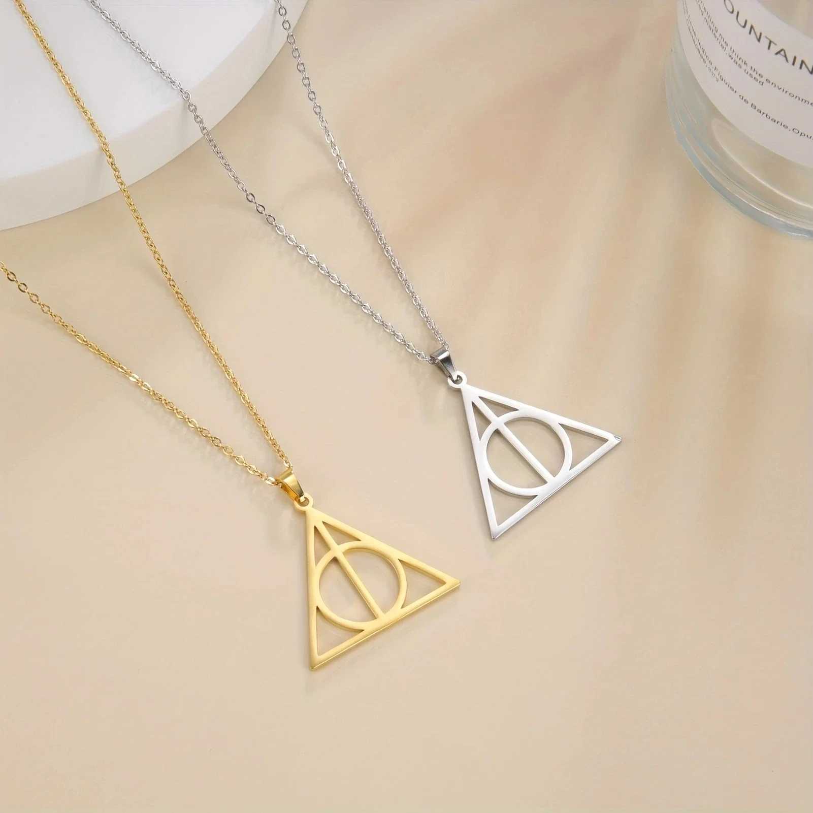 Stainless steel Deathly Hallows necklace round triangle silver pendant necklace mens geometric jewelry W250318