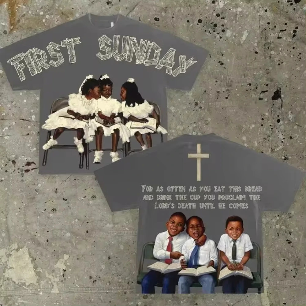 Retro First Sunday Printed Graphic Cotton T-shirt Mens Y2K Short Sleeve Retro Oversized T-shirt Womens Top 250317