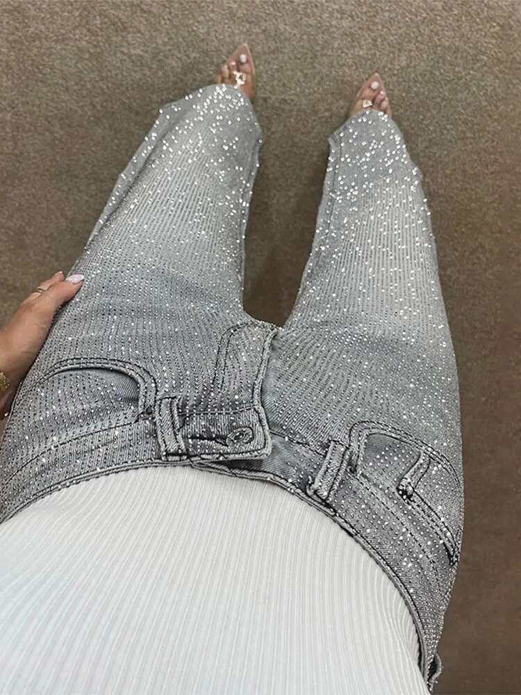 Y2k Women Shiny Rhie Denim Pants Wide Leg Straight Full Dia Jeans For Female Dragging High Street Outwear Trousers