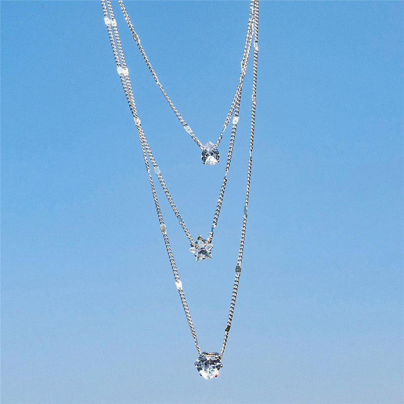Water Drop Stars Love Three Layer Necklace Female Crystal Zircon Pendant Choker Collarbone Chain