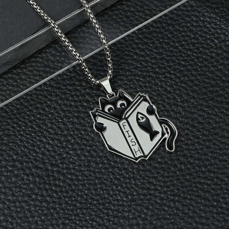 FISH Reading Necklace Stainless Steel Ins Small and Minimally Creative Learning Little Black Cat Cute Pendant