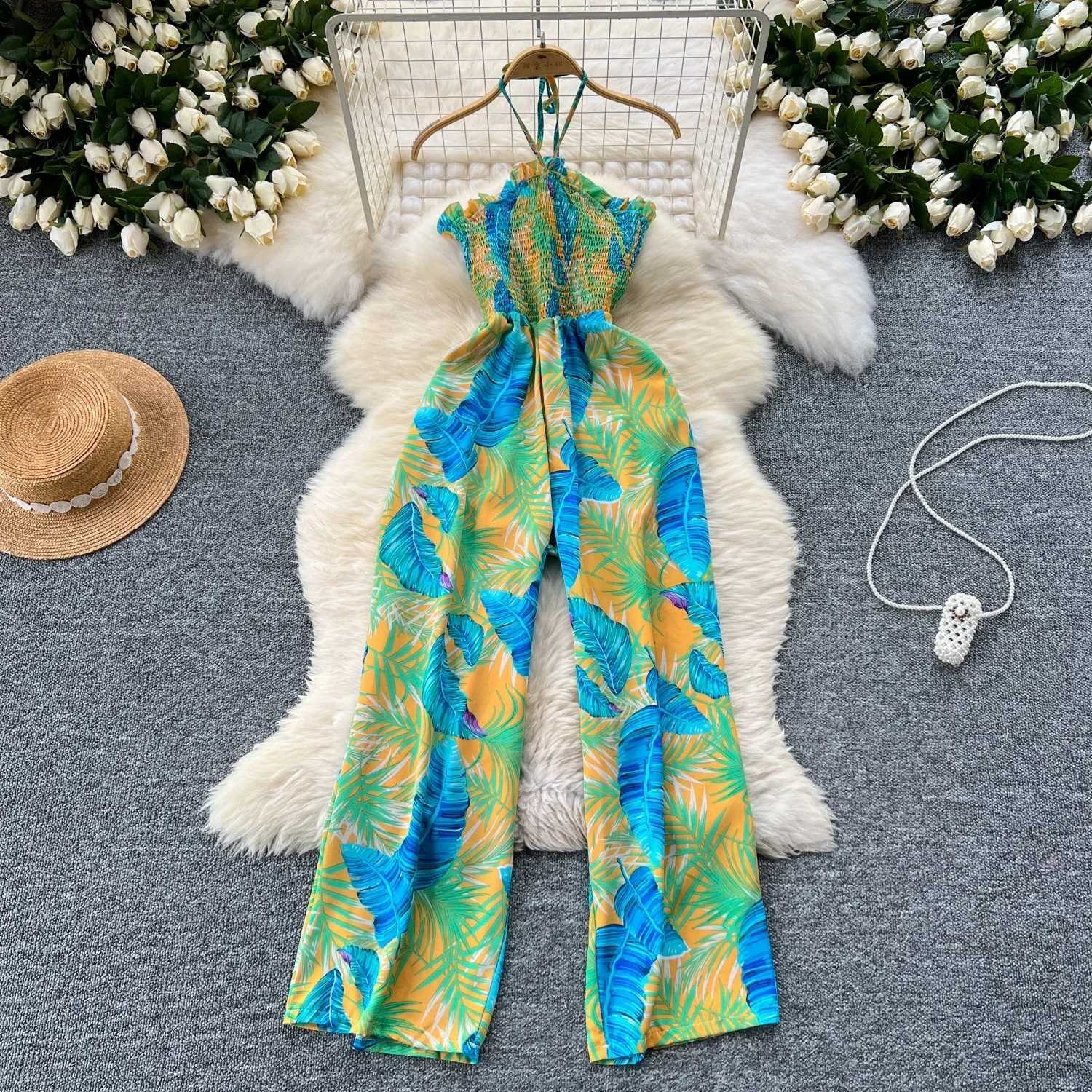 2024 New Summer Sexy Bohemian Leaf Printed jumpsuit Womens sleeveless sexy long jumpsuit sleeveless casual holiday beach jumpsuit X250318