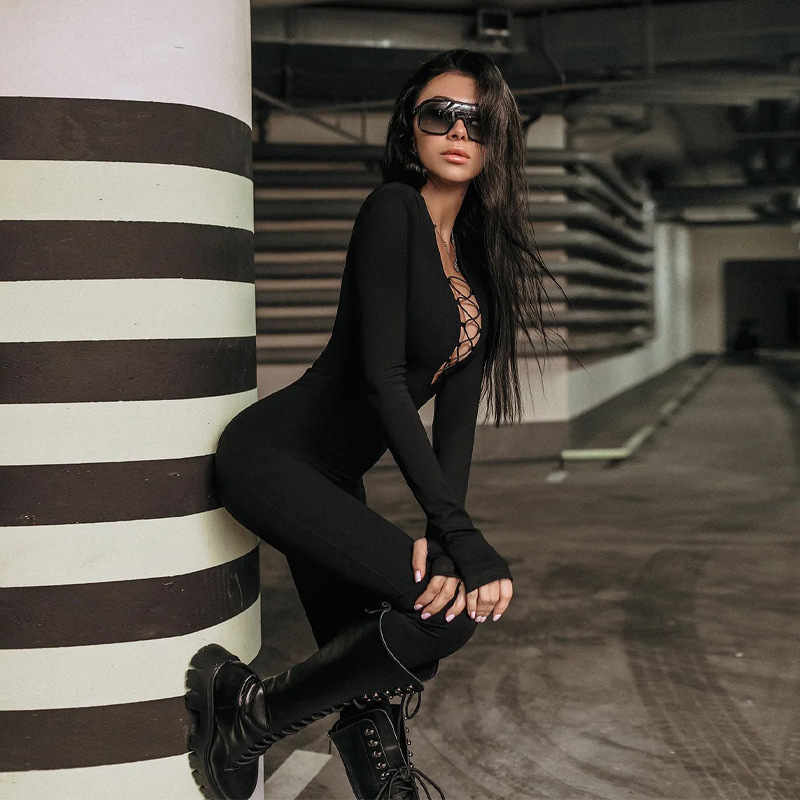 2023 Spring And Autumn Season New Hollow Cross Strap Design, Unique Long Sleeved Solid Color Jumpsuit With Bottom