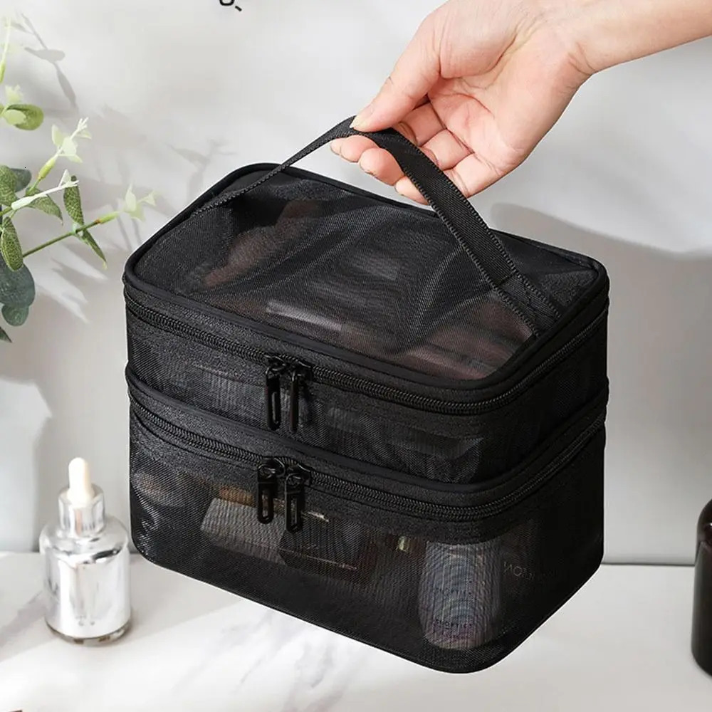 Fashion Transparent Mesh Travel Cosmetic Bag Storage 1/2/3 layer Toiletry Bag Large Capacity Make Up Organizer Bag Womens 250314