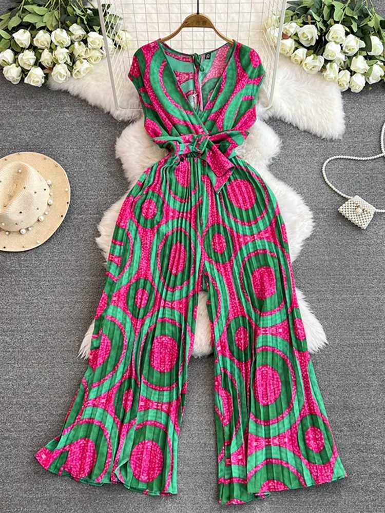 Summer womens jumpsuit casual vacation style V-neck rainbow tie bow jumpsuit new waist womens jumpsuit FC186 X2503181