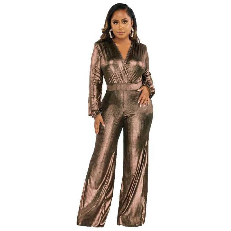 Glitter Metallic Party Nightclub Jumpsuit Women 2023 Autumn Elegant Long Sleeve High Waist Wide Leg Trousers Romper For Women X2503181