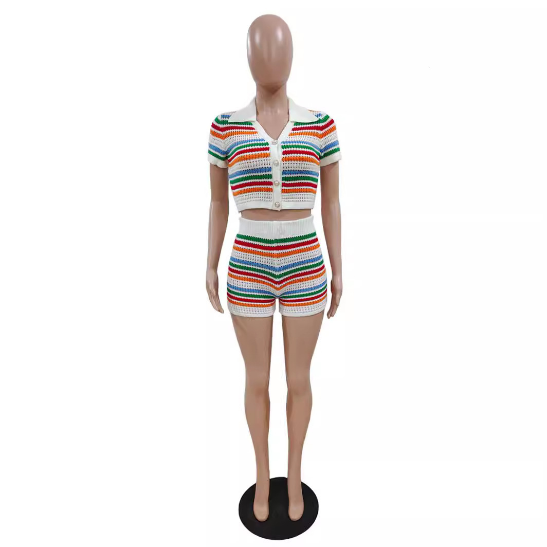womens summer sexy knitted contrasting short sleeved shorts casual set two-piece set 240822