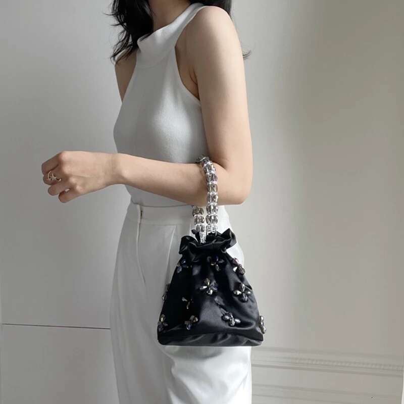 Satin Handmade Hobo Women Handbag Transparent Beads Beading Handheld Bucket Purse Fashion Evening Shoulder Bag
