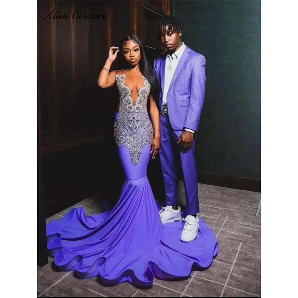Elegant Purple Prom Dress For Black Girl 2025 Glitter Beads Crystals Gems Robe Birthday Party Evening Gown Customized Dr0318