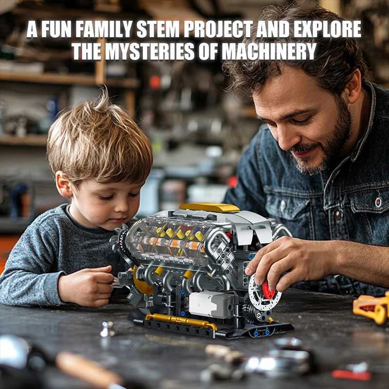 MOC Technik Electrically Driven V8 Engine Model Car Building Blocks Set Creative Educational Toys Christmas Gifts For Boys Kids W250318