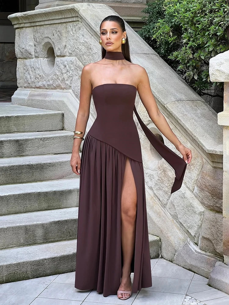 TARUXY Irregular Slit Vacation Long Dress For Women Elegant Contrast Slim Ribbon Dress Back Lace Up Female Strapless Summer 250317