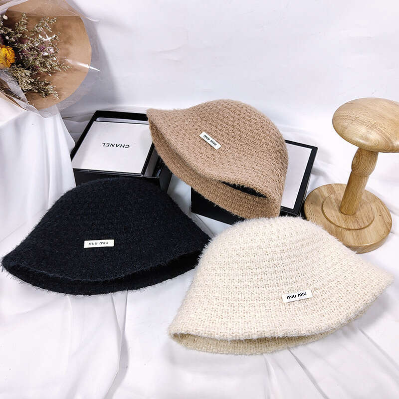 Knitted bucket women's face cover basin woolen hat, plush big head circumference, fisherman's hat