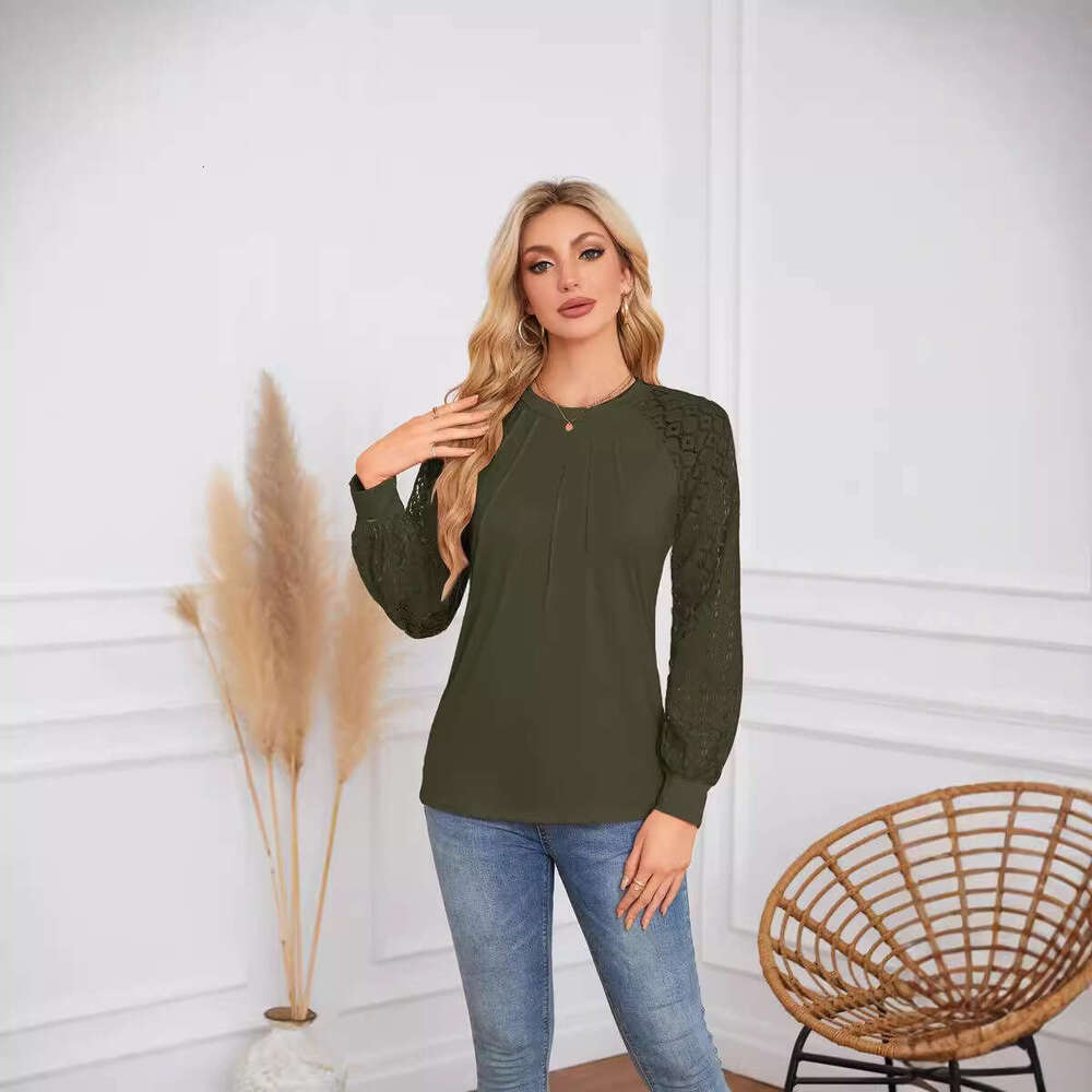 autumn winter popular European American women's lace patchwork round neck pleated long sleeved top T 2025 new style chic and elegant clothing