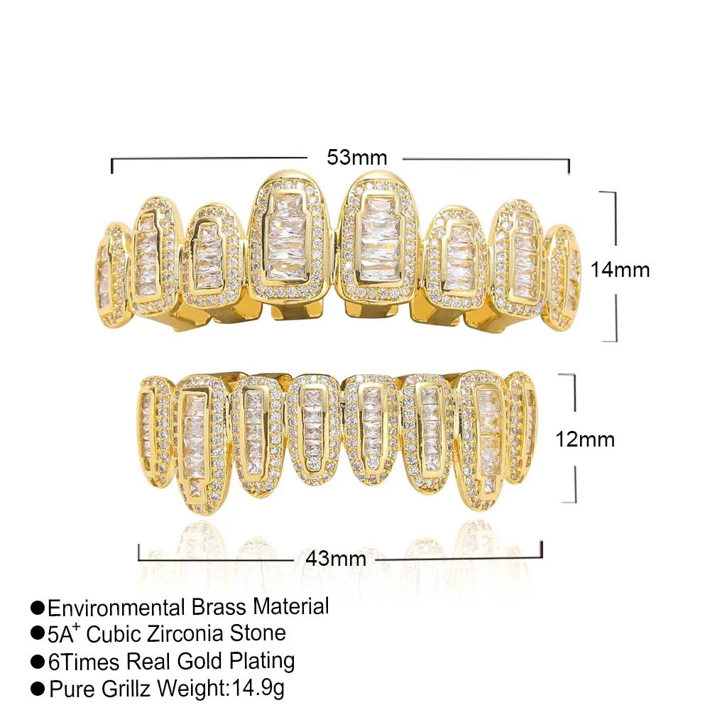 Square Zircon Teeth Holder Hip Hop Jewely Piercing Pave Teeth Grills Cap Top Bottom Set 8/8 Body Jewelry 250318