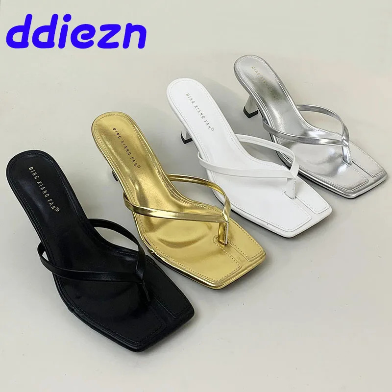 Golden Ladies Thin Heels Pumps Slides Shoes Female Slip On Footwear Fashion Shallow Women Medium Heels Shoes Flip flops 250317