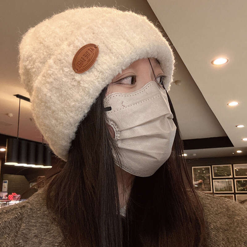 Knitted yarn for women in autumn and winter, Korean fashion trend brand, warm label, solid color, cold hat with a head cover