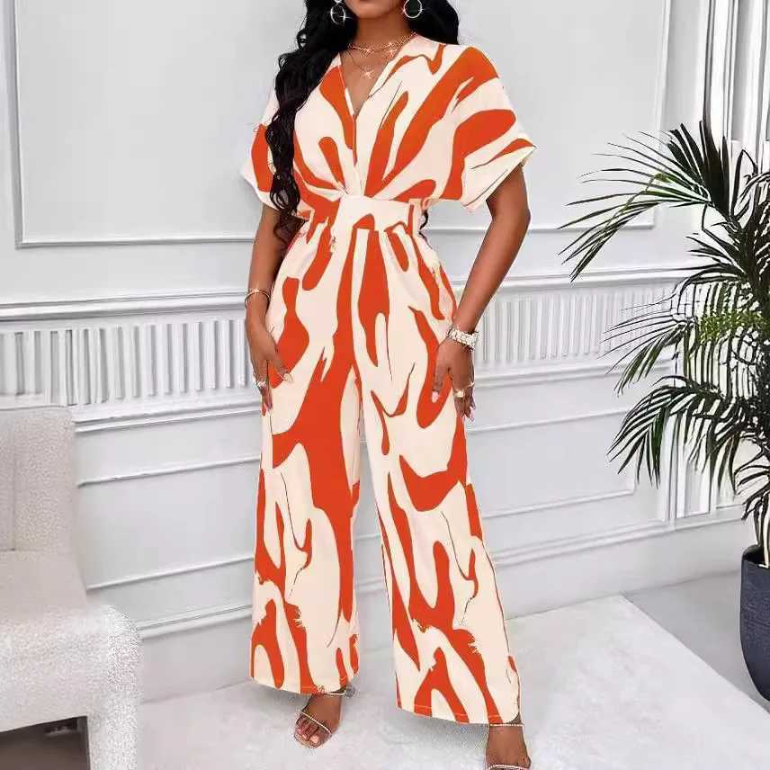 2024 Women Wide Leg Jumpsuit Spring Summer Fashion V Neck Short Slve High Waist Full Body Printed Jumpsuits Casual One X2503181