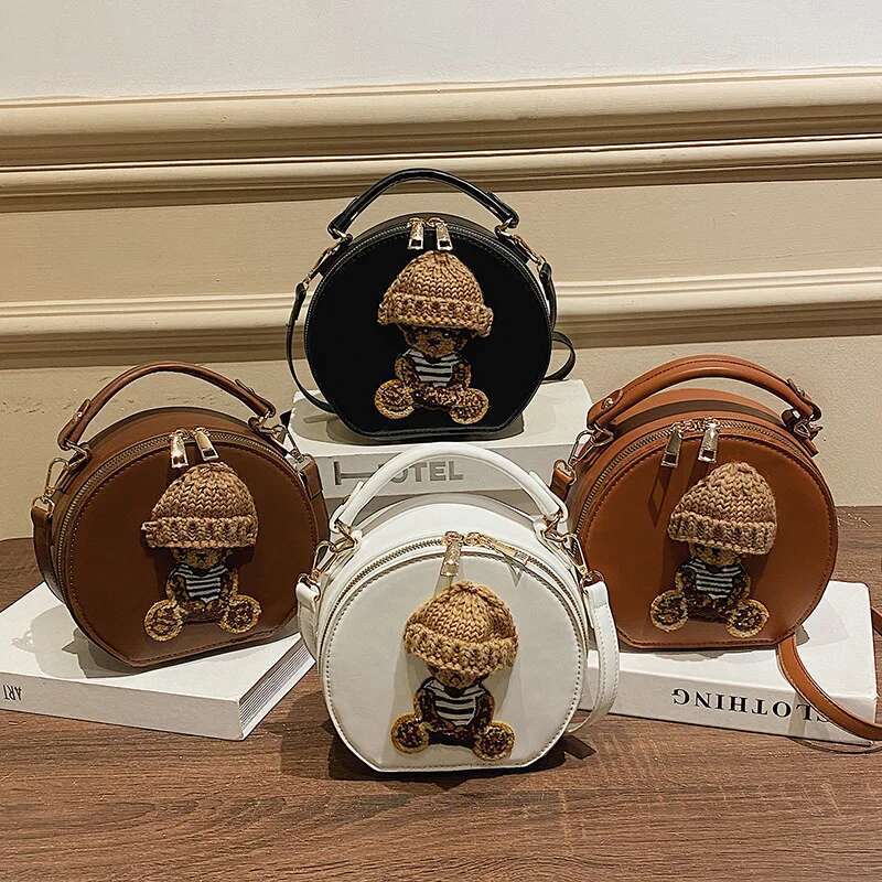 Cartoon For Women 2022 New Designer Handbag Vintage Leather Shoulder Bag Woman Cute Bear Small Round Crossbody Bags