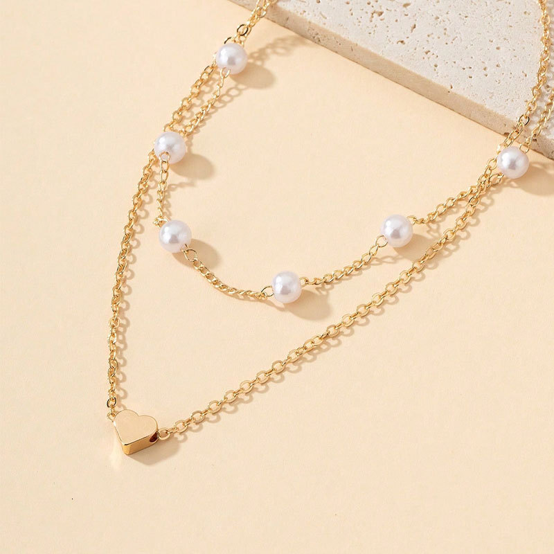 6mm Pearl Chain Love Pendant Double Necklace Women's Multi-layer Choker Collarbone Chain Jewelry