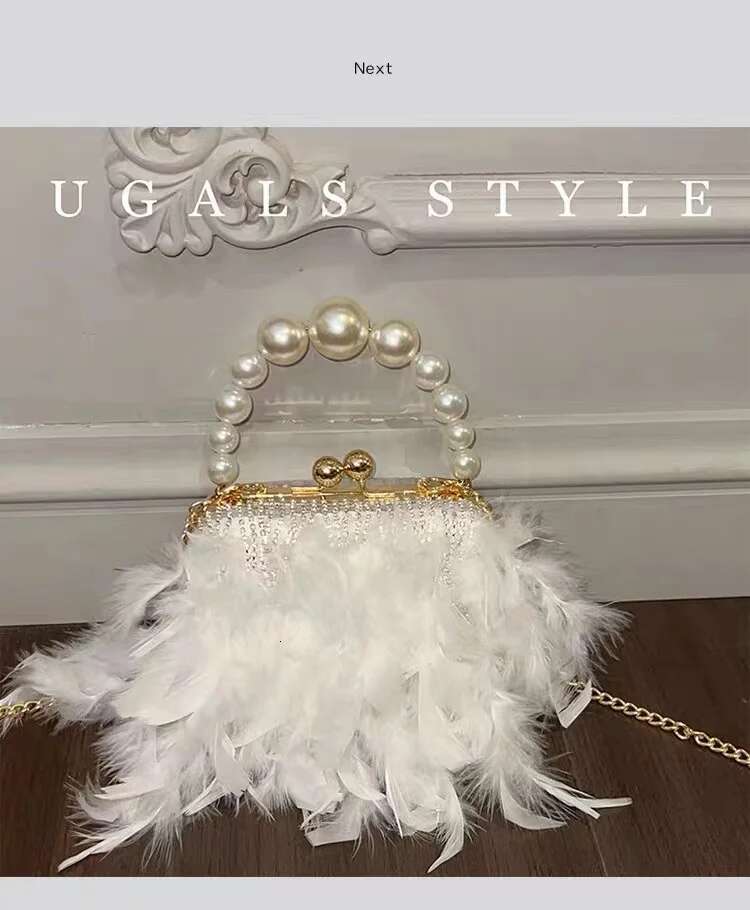 Designer Ostrich Hair Evening Pearl Beading Handle Women's Handbag Wedding Party Clutch Purse Fashion Shoulder Bag