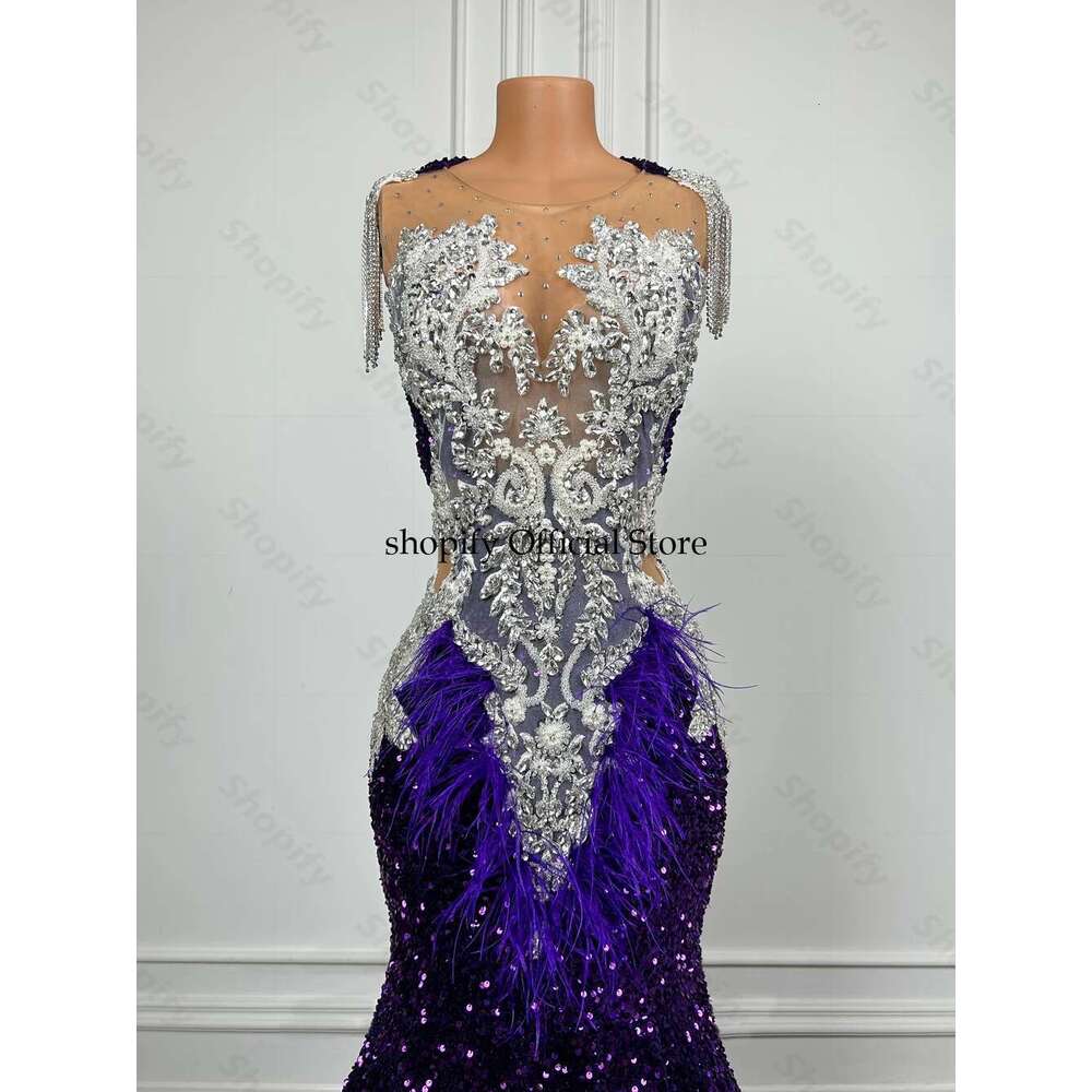 Long Purple Sequin Dresses 2025 For Black Girls Cut Out Beaded Crystal Feather Mermaid Prom Gala Gowns Customized Dr0318