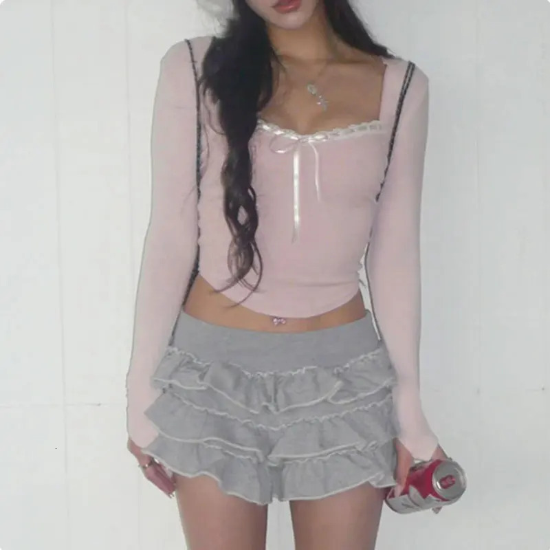 Mooyu Cute Bandage Bow Cropped Top Pink Sweet Coquette Sweet T Shirts Fall Spring Casual Square Collar Tees Women y2k Aesthetic 250318